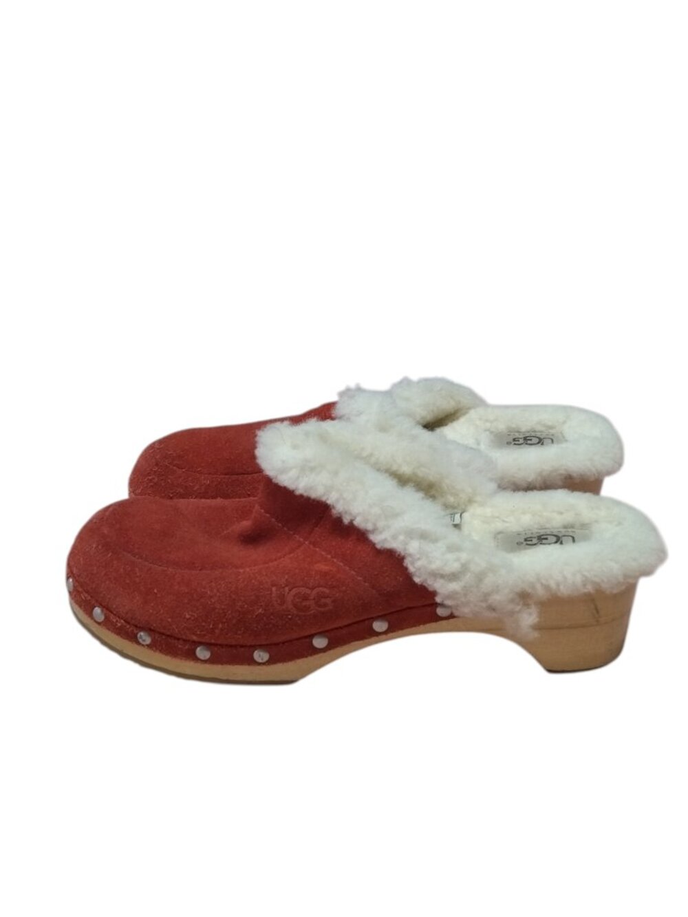 UGG Australia Size 8 Kalie Red Suede Wooden Clogs Shearling Lined Mules #5426